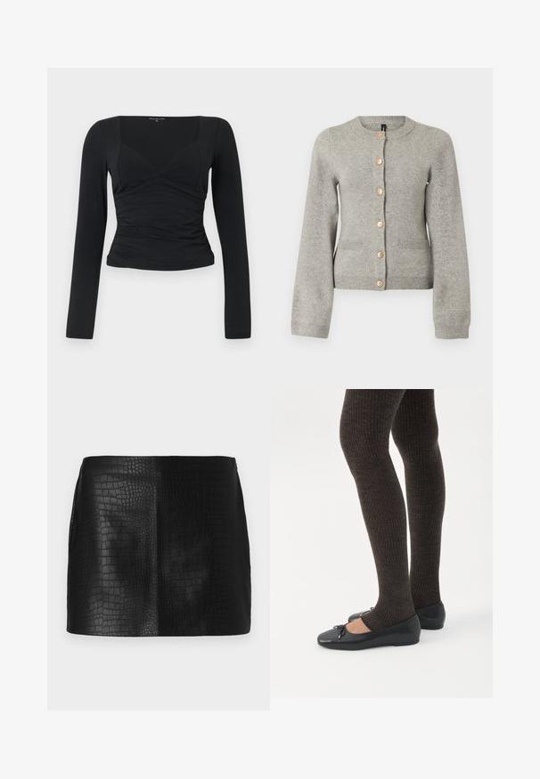 Cardigan en maille gris clair avec un col rond, des manches longues et des boutons dorés sur le devant. Il dispose de deux poches avant.; Haut noir à manches longues avec un design ajusté, décolleté en V et détail de taille froncée. Fabriqué à partir d'un tissu lisse et extensible.; Mini jupe en simili cuir noir avec un motif crocodile texturé, présentant une finition lisse et une coupe ajustée sans accessoires visibles.; Jambes portant des leggings côtelés foncés associés à des ballerines noires avec de petits détails en nœud sur fond blanc.