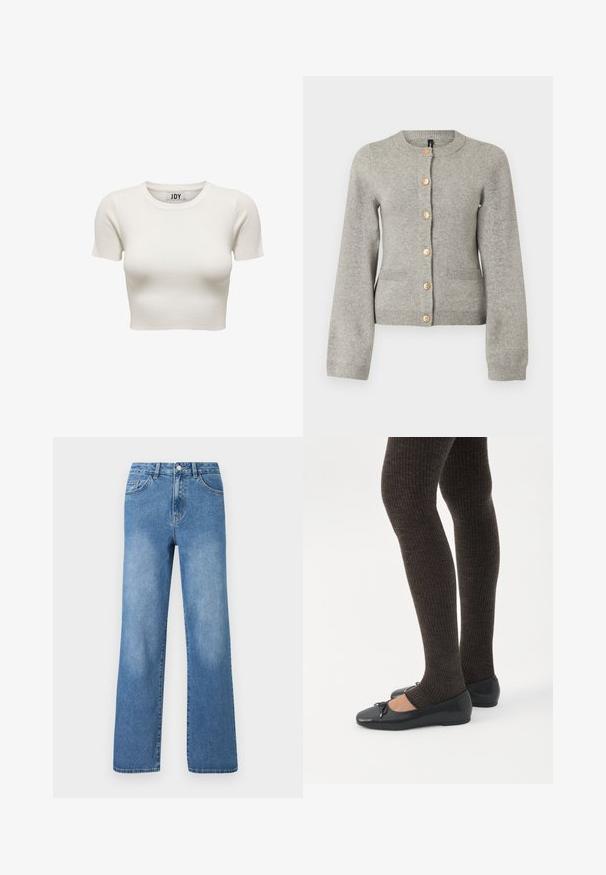 Lys grå strikket cardigan med rund halsudskæring, lange ærmer og guldfarvede knapper ned foran. Har to forlommer.; Cremefarvet kortærmet ribbet crop top med rund halsudskæring og JDY brandlabel inden i kraven, vist på hvid baggrund.; Lysblå denim jeans med høj talje, vidde ben design, fem lommer og synlige syninger. Glat tekstur med let falmning.; Ben iført mørke ribbede leggings kombineret med sorte balletsko med små sløjfedetaljer på hvid baggrund.
