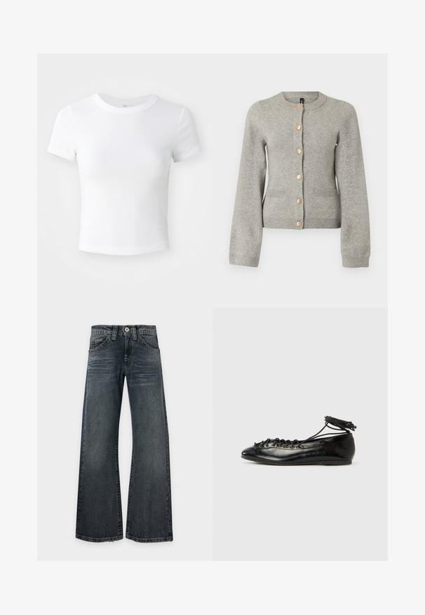 Hellgraue Strickjacke mit rundem Ausschnitt, langen Ärmeln und goldfarbenen Knöpfen auf der Vorderseite. Verfügt über zwei Taschen auf der Vorderseite.; Weißes, kurzärmeliges, cropped T-Shirt mit Rundhalsausschnitt, auf einem neutralen, hellen Hintergrund präsentiert.; Dunkel gewaschene Jeans mit weitem Bein, leichter Ausbleichung an den Oberschenkeln, klassischem Fünf-Taschen-Design und sichtbaren Nähten, flach auf weißem Hintergrund ausgebreitet.; Schwarze Ballerinas aus Lackleder mit runder Spitze, Schnürdesign und flacher Sohle. Glatte Textur mit minimaler Verzierung.