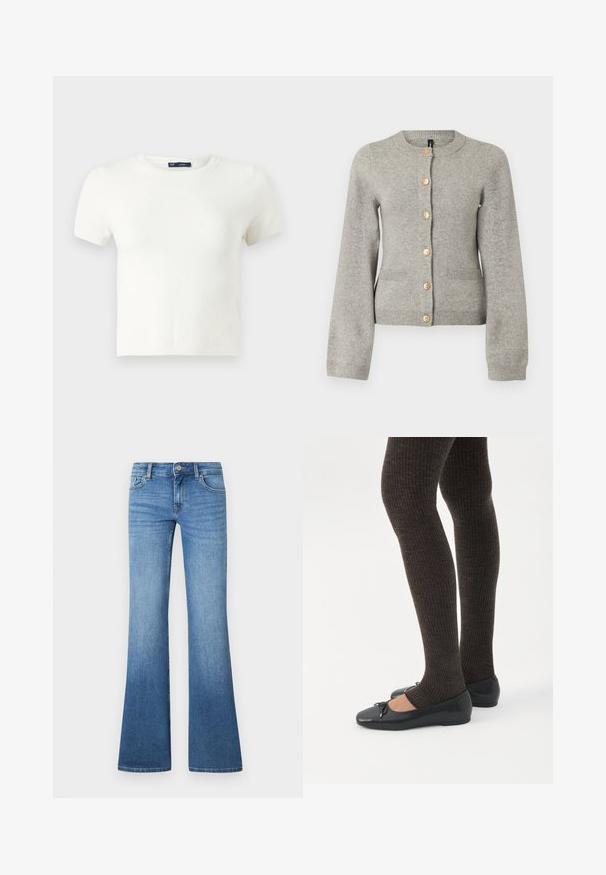 Lichtgrijze gebreide cardigan met een ronde halslijn, lange mouwen en goudkleurige knopen aan de voorkant. Beschikt over twee voorzakken.; Witte korte mouwen t-shirt gemaakt van een zachte stof. Heeft een klassiek ronde hals ontwerp en een slanke pasvorm zonder zichtbare patronen of accenten.; Lichtblauwe uitlopende jeans gemaakt van denim. Voorzien van een ontwerp met vijf zakken, metalen knoopsluiting en subtiele vervagingen bij de knieën.; Benen met donkere geribbelde leggings gecombineerd met zwarte ballerina's met kleine strikdetails op een witte achtergrond.