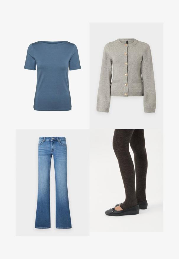 Cardigan en maille gris clair avec un col rond, des manches longues et des boutons dorés sur le devant. Il dispose de deux poches avant.; T-shirt bleu à manches courtes, coupe ajustée, avec un col rond et un tissu uni et lisse, présenté de face sur un fond blanc.; Jean flare bleu clair en denim. Comprend un design à cinq poches, une fermeture par bouton métallique et un léger délavage près des genoux.; Jambes portant des leggings côtelés foncés associés à des ballerines noires avec de petits détails en nœud sur fond blanc.