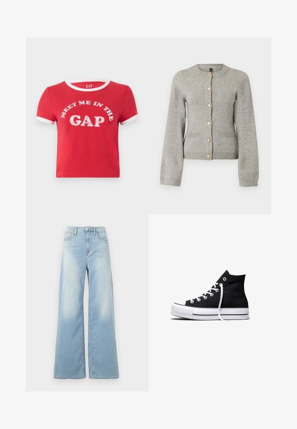 Cardigan en maille gris clair avec un col rond, des manches longues et des boutons dorés sur le devant. Il dispose de deux poches avant.; T-shirt en coton rouge à manches courtes, col en ribbed blanc et accents sur les manches. Présente un texte graphique "RENCONTRONS-NOUS DANS L'ESPACE" en blanc.; Jean large bleu clair à taille haute, avec boutons à l'avant et poches, présenté sur un fond blanc.; Baskets montantes en toile noire avec semelle en caoutchouc blanche et lacets blancs, vues de côté sur un fond blanc.
