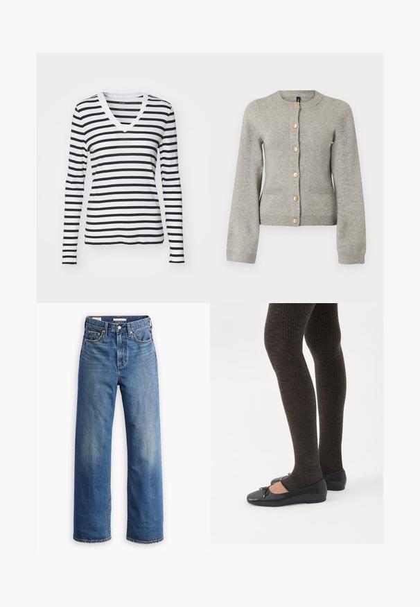 Lys grå strikket cardigan med rund halsudskæring, lange ærmer og guldfarvede knapper ned foran. Har to forlommer.; Langærmet V-hals T-shirt i sort og hvid lodrette striber, fremstillet af blødt stof med en tætsiddende design og kontrastfarvet halsudskæring.; Lyseblå denimjeans med høj talje, bred benstil, klassisk fem-lomme design og subtil falmning på stoffet.; Ben iført mørke ribbede leggings kombineret med sorte balletsko med små sløjfedetaljer på hvid baggrund.