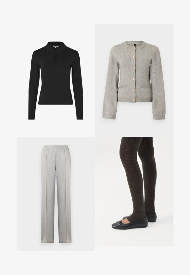 Lys grå strikket cardigan med rund halsudskæring, lange ærmer og guldfarvede knapper ned foran. Har to forlommer.; Langærmet sort polo shirt lavet af ribbet stof, med en klassisk krave og en tre-knaps placket foran.; Lysegrå bukser med lige ben, elastik i taljen og lodrette sømdetaljer foran.; Ben iført mørke ribbede leggings kombineret med sorte balletsko med små sløjfedetaljer på hvid baggrund.