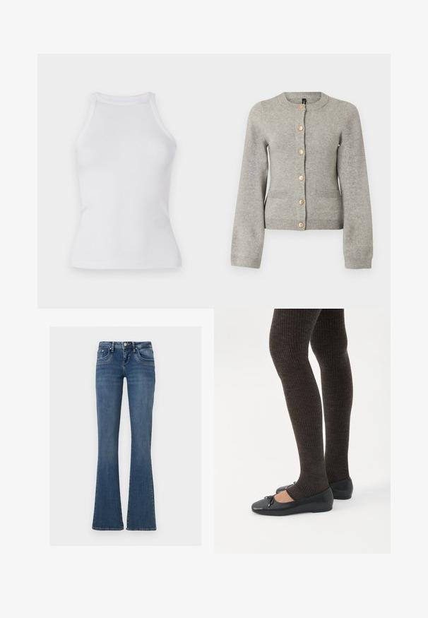 Lys grå strikket cardigan med rund halsudskæring, lange ærmer og guldfarvede knapper ned foran. Har to forlommer.; Hvid ribbet top med en tætsiddende design, rund halsudskæring og uden ærmer. Fremstillet af strækbart stof for komfort og bevægelsesfrihed.; Blå denimjeans med mellemhøj talje, fem-lommer-stil, knap- og lynlåslukning samt vide ben mod en ensartet hvid baggrund.; Ben iført mørke ribbede leggings kombineret med sorte balletsko med små sløjfedetaljer på hvid baggrund.