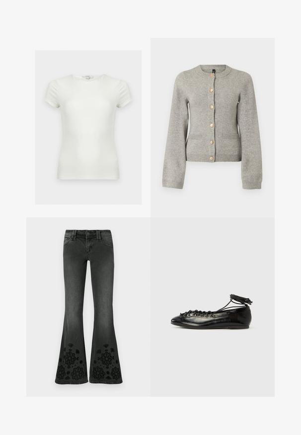 Cardigan en maille gris clair avec un col rond, des manches longues et des boutons dorés sur le devant. Il dispose de deux poches avant.; T-shirt ajusté blanc uni à manches courtes avec encolure ronde, présenté sur un fond neutre.; Jeans noirs évasés avec une finition délavée ; ornés de motifs floraux brodés en noir à l'ourlet ; tissu en denim à texture lisse.; Ballerines en cuir verni noir avec un bout rond, un design à lacets et une semelle plate. Texture lisse avec peu de détails.