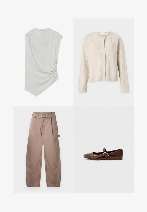 Beige strikket cardigan med lange ærmer, lodret ribbet mønster, rund halsudskæring og fem knapper foran.; Lys beige top med en rund halsudskæring, asymmetrisk kant og samlede detaljer på den ene side. Fremstillet af et blødt, struktureret stof.; Løstsiddende beige bukser med bæltestropper, et matchende stofbælte, forlommer og en sideløkke detalje på højre ben.; Brun patentlæder balletflade med firkantet tå og strop med en lille guldbuckle. Glat tekstur, lav hæl og minimalistisk design.