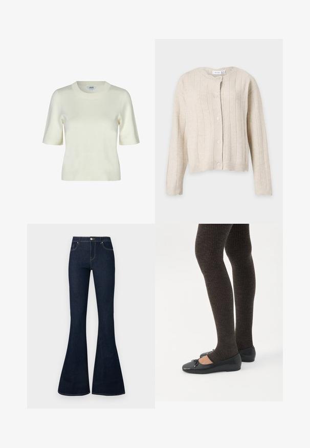 Beige strikket cardigan med lange ærmer, lodret ribbet mønster, rund halsudskæring og fem knapper foran.; Strikket kortærmet sweater i off-white med rund halsudskæring og en glat, blød tekstur. Enkel og klassisk design.; Mørkeblå højtaljede denimjeans med flagrende ben, frontknap og lynlås samt fem-lomme design.; Ben iført mørke ribbede leggings kombineret med sorte balletsko med små sløjfedetaljer på hvid baggrund.