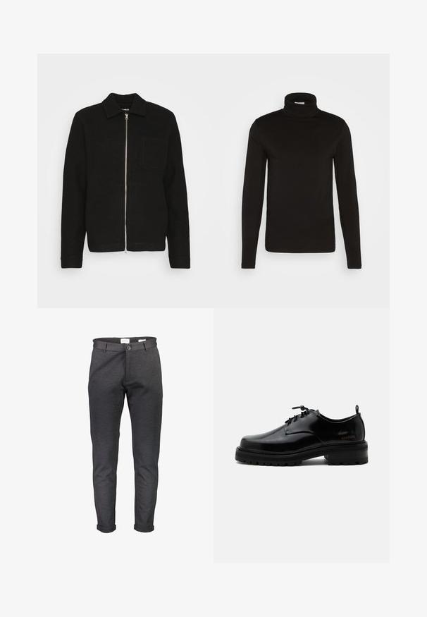 Samsøe Samsøe HANNES FULL ZIP - Lichte jas - black; Zwarte coltrui met lange mouwen, gemaakt van een gladde stof met een aansluitend ontwerp en een hoge, strakke kraag. Geen patronen of accenten zichtbaar.; Slim-fit donkergrijze broek gemaakt van zachte stof, met een knoopsluiting, riemlussen en omgeslagen pijpen. Gladde textuur zonder patronen.; Zwarte gepolijste leren veterschoen met dikke rubberen zool en lage hak, zijmerktekst "SAMSOE" en een achterste aantreklus.