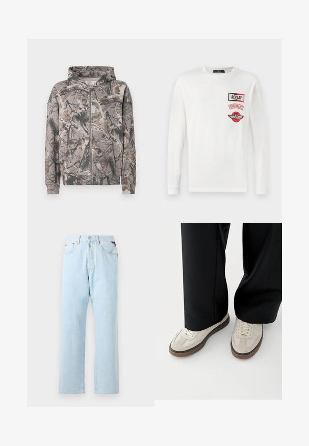 Fuld-zip hoodie med fast hætte i camouflagemønster, der har trægrene, blade og fyrnåle i jordfarver.; Hvid skjorte med lange ærmer og tre røde og sorte mærker på venstre bryst: "REPLAY," "SPECIALIST," og et vinget V-logo.; Lyseblå denimjeans med lige ben. Har en knap- og dyse-lukning, fem lommer og kontraststing.; Fødder iført beige sneakers med brune såler og sorte bukser med vide ben på hvid baggrund.