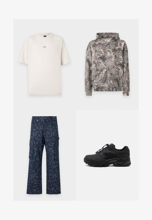 Vollzipper-Hoodie mit angenhm am Kapuzenansatz in Tarnmuster, das Baumäste, Blätter und Kiefernnadeln in erdigen Farben zeigt.; Oakley RISE TEE - T-Shirt basic - mist; Sean John SCRIPT LOGO CAMOUFLAGE - Cargohose - blue; Schwarzer athletischer Sneaker mit strukturiertem Stoff, dicker gepolsterter Sohle, Luftauslässen und Schnürverschluss, von der Seite auf hellem Hintergrund gezeigt.