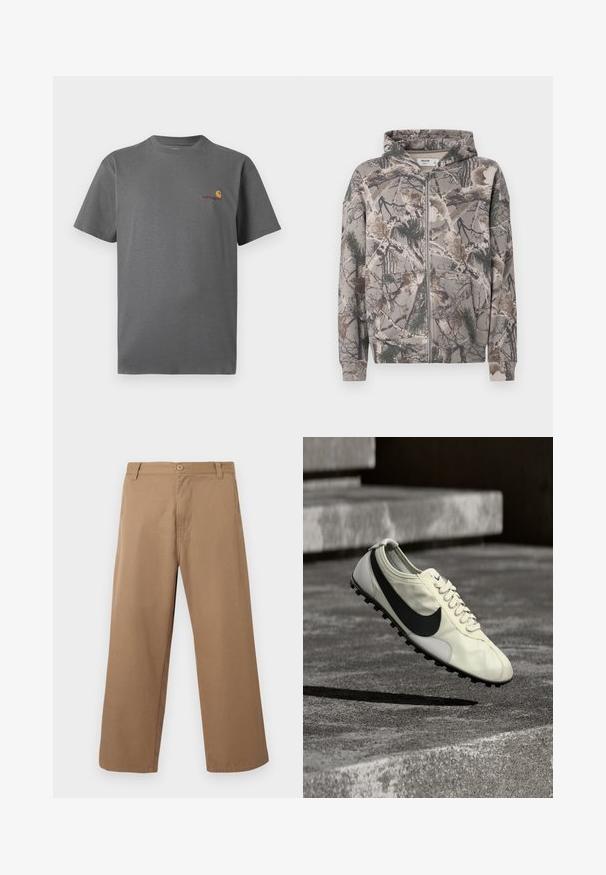Hoodie zippé intégral avec capuche attachée, imprimé camouflage comprenant des branches d'arbres, des feuilles et des aiguilles de pin dans des tons terreux.; T-shirt gris à manches courtes en coton ; présente un logo subtil en orange et bordeaux sur la poitrine. Design de col rond basique.; Pantalon beige à jambes larges avec passants pour ceinture, bouton sur le devant et fermeture éclair, présenté sur un fond clair uni.; Baskets blanches Nike avec logo Swoosh noir, lacets et semelle en caoutchouc antidérapante, montrées en l’air au-dessus d’escaliers en béton.