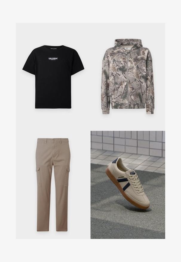 Hoodie zippé intégral avec capuche attachée, imprimé camouflage comprenant des branches d'arbres, des feuilles et des aiguilles de pin dans des tons terreux.; T-shirt noir en coton avec des manches courtes et un col rond. L'avant possède un texte graphique blanc "UNLEASH!" imprimé au centre.; Jack & Jones Cargo Tapered Fit - Pantalon cargo - brindle; Baskets beiges avec une finition texturée, bandes navy et semelle en caoutchouc. Équipées d'une languette rembourrée et d'un système de laçage traditionnel pour un maintien sécurisé.