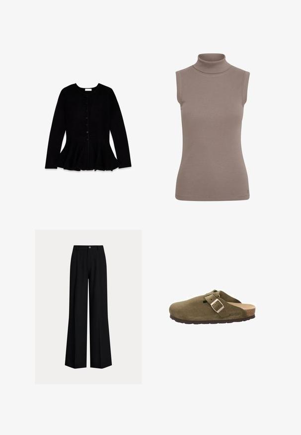 Sort cardigan lavet af blødt materiale, med rund halsudskæring, lange ærmer, knaplukning fortil og peplum-design i bunden.; Ærmeløs turtleneck-top i blødt, ribbet brunt stof. Har en tætsiddende pasform og en høj krave med glatte kanter.; Sorte vidde bukser med knapper foran, bæltestropper og flad linning, vist på en ensfarvet lys baggrund.; Grøn ruskindsklump med en bred rem og metalspænde, korksål og gummiydersål. Har et lille ventilationshul på overdelen.