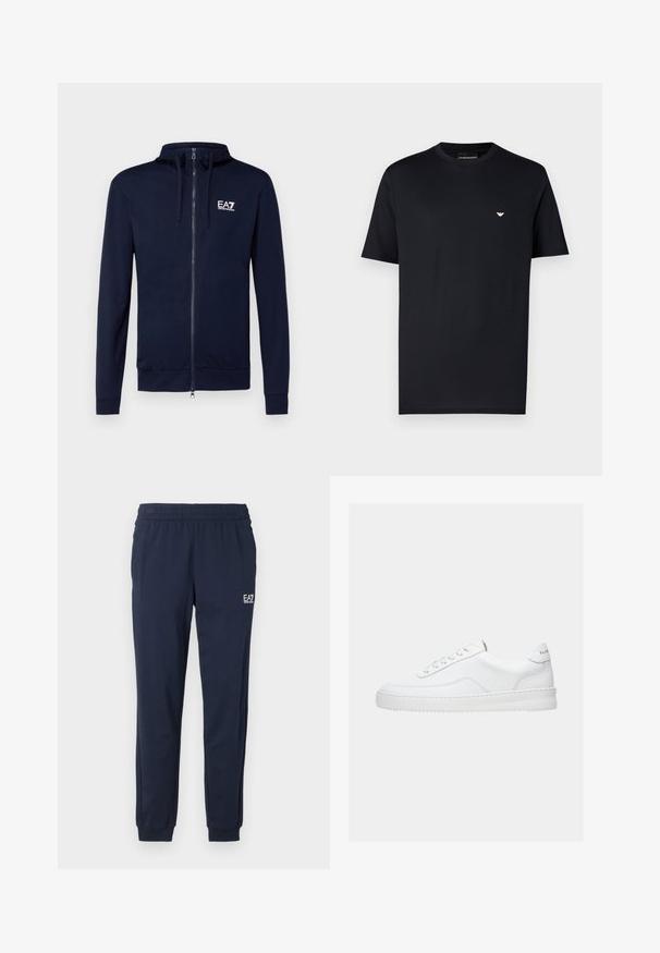 Sweat à zip marine en matériau doux, avec une capuche à cordon et le logo EA7 sur la poitrine. Ajustement confortable avec des poignets et un ourlet côtelés.; T-shirt en coton noir avec col rond, manches courtes et petit logo doré sur la poitrine. Texture lisse, coupe standard.; Pantalons de survêtement bleu marine avec une taille élastique et des poignets. Comprend un petit logo blanc sur la jambe gauche. Fabriqué à partir d'un matériau doux et extensible.; Baskets basses blanches avec un design à lacets, dessus en cuir lisse et semelle épaisse, montrées de profil sur un fond uni.
