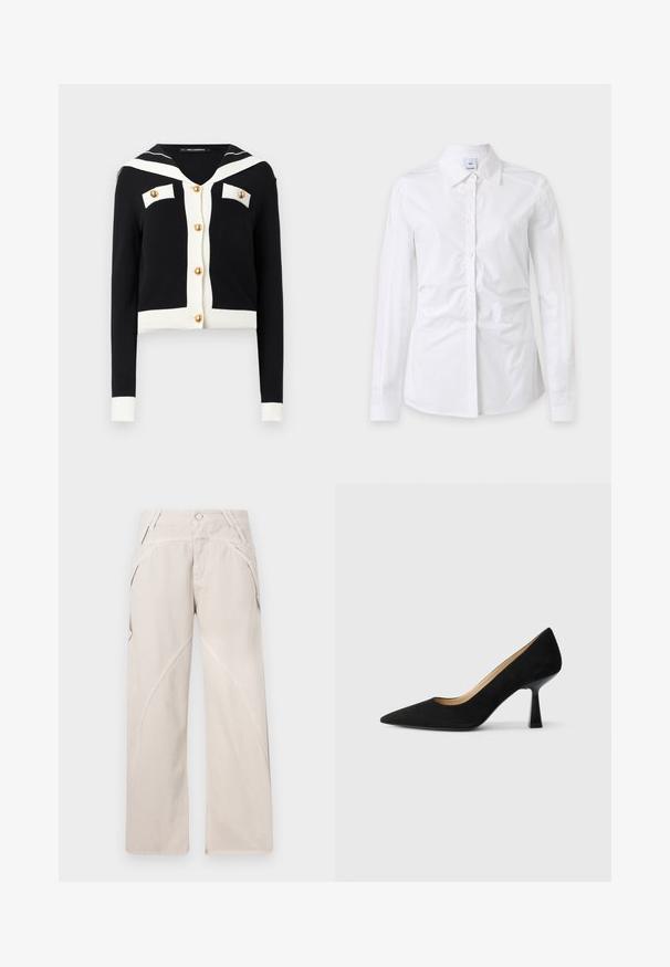 Cardigan noir avec col marin blanc, bordure blanche aux poignets et à l'ourlet, boutons dorés sur le devant et sur deux poches poitrine.; Chemise blanche à manches longues avec boutons et col, tissu légèrement froissé et étiquette de marque visible à l'intérieur du col.; Pantalons larges beiges en tissu mélangé coton, avec des détails de coutures courbées, une fermeture à bouton et des poches latérales. Conception à plat à l'avant.; Pompe à talons hauts en suède noir avec un bout pointu, dotée d'un talon bloc noir brillant et d'une doublure intérieure lisse.
