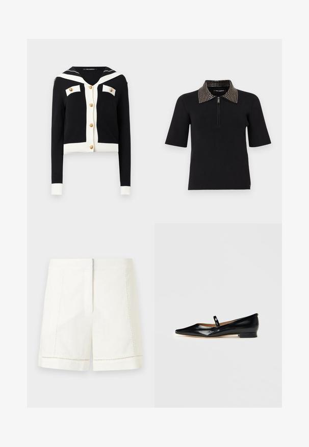 Cardigan noir avec col marin blanc, bordure blanche aux poignets et à l'ourlet, boutons dorés sur le devant et sur deux poches poitrine.; Polo noir à manches courtes avec texture côtelée, doté d'un col zippé et d'un design de col clouté avec accents métalliques.; Shorts en lin blanc avec un design structuré, comprenant des poches latérales et des surpiqûres décoratives le long de l'ourlet. Texture lisse, coupe ajustée.; Chaussure plate Mary Jane en cuir verni noir, à bout pointu, avec une seule sangle et un petit talon sur fond uni.