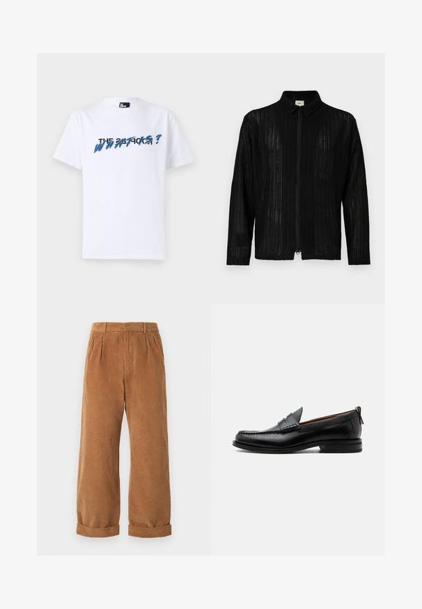 Schwarze Jacke mit Reißverschluss und gerippter Textur sowie einem Kragen. Verfügt über einen geraden Schnitt und lange Ärmel. Hergestellt aus leichtem, atmungsaktivem Material.; Weißes Baumwoll-T-Shirt mit kurzen Ärmeln; zeigt grafischen Text in Blau und Schwarz mit der Aufschrift "DAS WAS IST?" über der Brust. Weicher Stoff.; Braune Cordhosen mit einem weit geschnittenen Design, ausgestattet mit vorderen Falten und aufgerollten Säumen. Der Stoff hat ein strukturiertes, geripptes Aussehen.; Schwarzer Leder-Herrenschuh mit Mokassinnaht, Penny-Riemen, strukturiertem Kragen und niedrigem gestapeltem Absatz auf weißem Hintergrund.