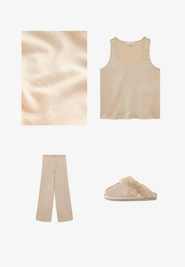 Tissu texturé couleur crème avec une surface douce et duveteuse, présentant des plis et ondulations délicats.; Reiss REGULAR FIT - Blouse - neutral; Pantalons larges beiges en tissu doux, dotés d'une taille à cordon de serrage et d'une texture lisse, sans motifs ni accessoires supplémentaires.; Chausson beige à enfiler avec extérieur en daim doux et doublure intérieure moelleuse et duveteuse ainsi qu'un revers, conçu pour le confort à l'intérieur.