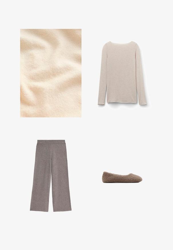 Crème-kleurige, gestructureerde stof met een zachte, fuzzy oppervlakte en subtiele ribbels, die lichte plooien en golvingen tonen.; Lichtroze T-shirt met lange mouwen en een ontspannen ronde hals, gemaakt van zachte stof met een subtiele heatherstructuur.; Grijze wijde gebreide broek met een elastische tailleband, platte voorkant en een ontspannen pasvorm, weergegeven op een witte achtergrond.; Bruine, met fleece gevoerde ballerina met een ronde neus. Zachte textuur en naadloos ontwerp, met een low-profile silhouet. Geen zichtbare hardware.