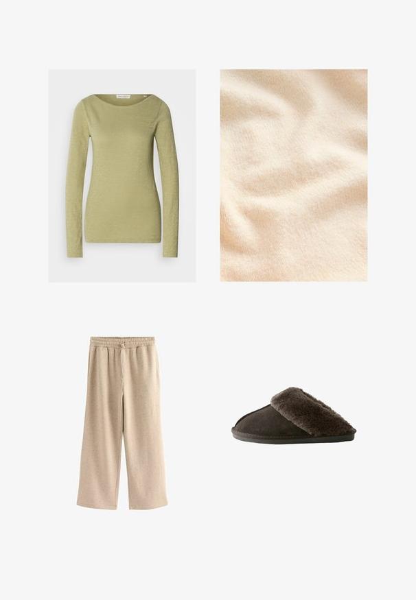 Crème-kleurige, gestructureerde stof met een zachte, fuzzy oppervlakte en subtiele ribbels, die lichte plooien en golvingen tonen.; Langemouwige top in licht olijfgroen, gemaakt van een zachte, gestructureerde stof. Heeft een brede halslijn en een aansluitende silhouet.; Beige wijde broek gemaakt van zachte stof, met een elastische tailleband met een trekkoord en een subtiele gespikkelde textuur.; Donkerbruine instapslof met een zachte, harige boord en een platte zool, ontworpen voor binnencomfort en warmte.