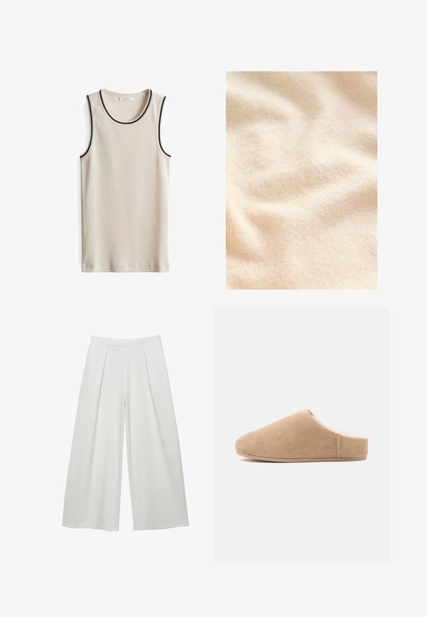 Crème-kleurige, gestructureerde stof met een zachte, fuzzy oppervlakte en subtiele ribbels, die lichte plooien en golvingen tonen.; Beige geribbelde tanktop met marineblauwe gestreepte afwerking bij de halslijn en armsgaten. Heeft een strak ontwerp en een zachte textuur.; Witte broek met brede pijpen, hoge taille en plooien aan de voorkant, ontworpen voor een losse, vloeiende pasvorm.; Beige suède instapslof met zachte voering en platte zool, gesloten neus, open achterkant en subtiel "UGG" logo aan de zijkant.