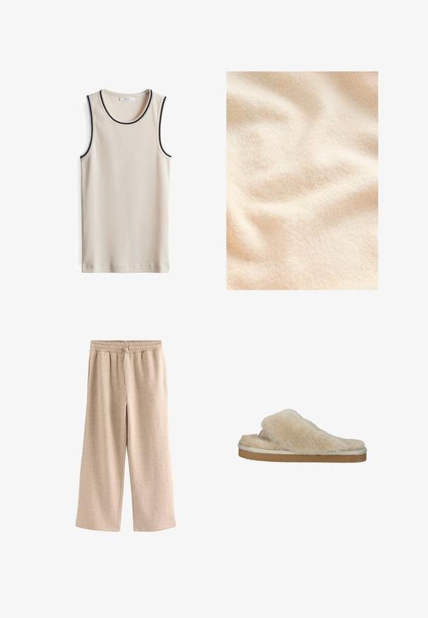 Cremefarbener, strukturierter Stoff mit einer weichen, flauschigen Oberfläche und subtilen Rippungen, die sanfte Falten und Wellen zeigen.; Beige geripptes Tanktop mit marineblauem Streifenbesatz am Halsausschnitt und den Armausschnitten. Hat ein sauberes Design und eine weiche Textur.; Beige Hose mit weitem Bein, elastischem Bund und Kordelzug, aus einem weichen, gesprenkelten Stoff.; Ein einzelner beiger, flauschiger Hausschuh mit dicker Sohle und offenem Rücken, für Komfort und Wärme drinnen konzipiert.