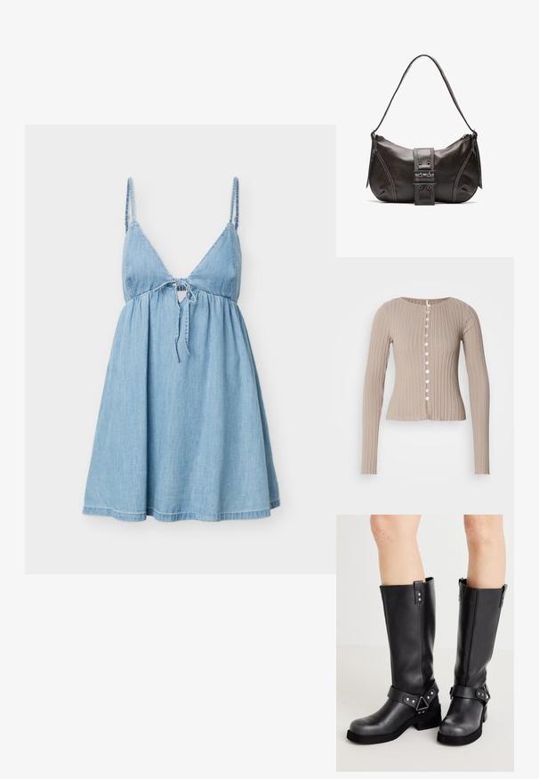 Beige ribbet strik langærmet bluse med rund halsudskæring, der har en række af syv hvide knapper ned ad forsiden og en tætsiddende silhuet.; Lyseblå denim kjole uden ærmer med tynde stropper og bindedetalje foran, med en figursyet krop og udvidet nederdel.; Sorte læder støvler i knæhøjde med bred skaft, remdetaljer, sølv hardware og flad sål. Glat tekstur med en let glans.; Brun læder skuldertaske med en buet form, der har et fremtrædende spænde, kontrasterende syninger og en enkelt skulderrem.