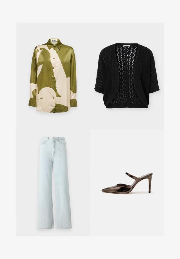 Cardigan noir ouvert devant avec manches trois-quarts et motif en dentelle zigzag texturé.; Chemise en satin vert olive et crème, ornée d'un grand motif abstrait, col pointu et patte de boutonnage à l'avant avec manches longues.; Jeans larges bleu clair à taille haute, en tissu denim. Présente une fermeture à bouton et éclair avec des poches avant.; Mule à talon haut marron foncé brillant à bout pointu avec une fine bride sur le coup de pied sur fond blanc uni.