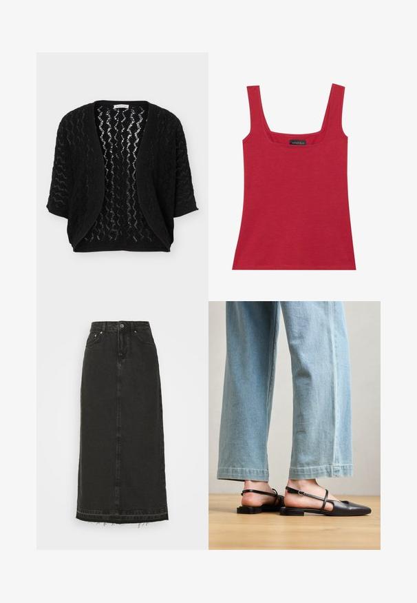 Sort åben cardigan med trekvartærmer og struktureret zigzag blonemønster.; Rød, ærmeløs top med firkantet udskæring. Lavet af glat stof med minimal tekstur, med "ANNA FIELD"-mærket indeni.; Sort denim midi-nederdel med en tætsiddende talje, frontknaplukning og frynset kant. Har klassisk fem-lomme-design og let struktur.; Sorte læder slingback-sko med spidse tæer, flad hæl og ankelrem; båret med lyseblå viddebenede jeans.