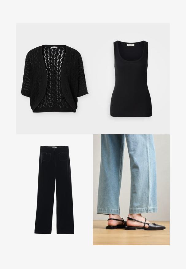 Sort åben cardigan med trekvartærmer og struktureret zigzag blonemønster.; Sort ribbet tanktop med rund halsudskæring, brede skulderstropper og en tætsiddende pasform. Label bagpå med teksten "Marc O'Polo."; Sorte velour bredbukser med to baglommer og en glat tekstur, der har en lige skæring og syede afslutninger ved anklerne.; Sorte læder slingback-sko med spidse tæer, flad hæl og ankelrem; båret med lyseblå viddebenede jeans.