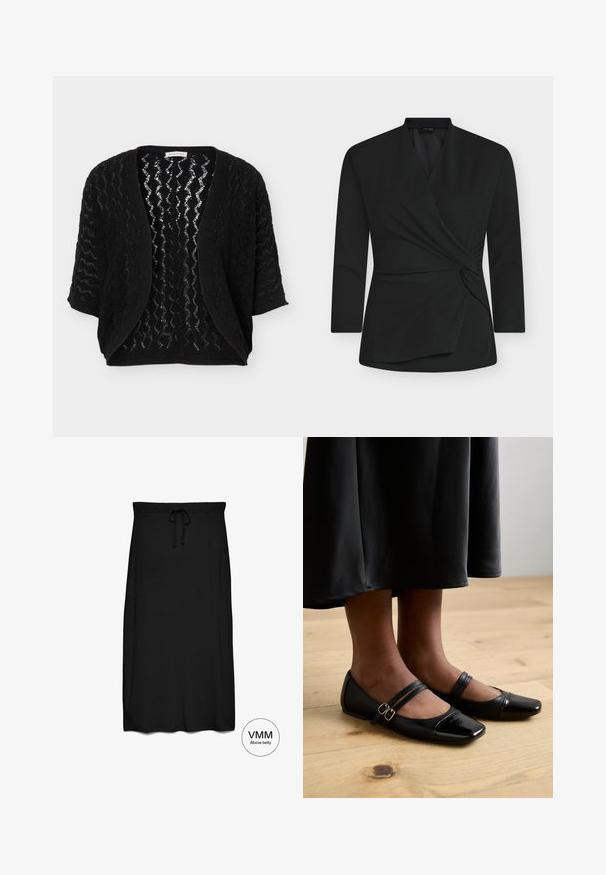 Cardigan noir ouvert devant avec manches trois-quarts et motif en dentelle zigzag texturé.; Haut cache-cœur noir à manches longues, fabriqué en tissu doux. Présente un détail de nœud torsadé à l'avant et un décolleté en V.; Jupe midi noire avec ceinture élastique et cordon, conçue pour être portée au-dessus du ventre.; Ballerines en cuir verni noir avec un bout carré, comportant deux brides avec boucles. Les semelles sont plates sur un sol en bois clair.