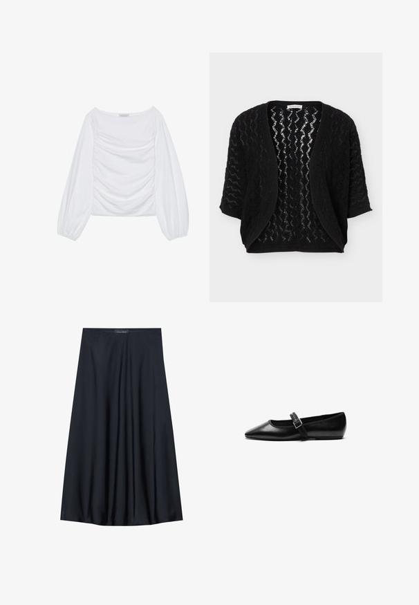 Sort åben cardigan med trekvartærmer og struktureret zigzag blonemønster.; Hvid langærmet bluse med bred udskæring og indsamlet detalje på forsiden. Fremstillet af blødt stof med luftige ærmer.; Sort, knælang nederdel lavet af letvægtsstof med et svævende design. Har en glat tekstur og subtile plisseringer for en ekstra detalje.; Sorte flade sko lavet af læder med spidse tæer, justerbar rem med metalspænde, glat tekstur og minimalistisk design.