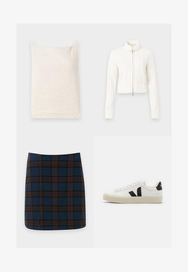 Pull en maille torsadée blanche, raccourci, avec un col montant et une fermeture éclair à l'avant. La texture est épaisse, avec des poignets et un ourlet côtelés.; Haut sans manches beige avec un col carré. Tissu doux et texturé. Design simple avec un ourlet droit et sans motifs ou accents supplémentaires.; Jupe mini en tartan bleu marine avec des lignes marron et grises, fabriquée dans un tissu lisse, avec une fente discrète au dos pour plus de liberté de mouvement.; Baskets en cuir blanc avec un logo V en caoutchouc noir. Semelle texturée blanc cassé, lacets blancs et détail sur le talon arrière portant le nom de la marque en noir.