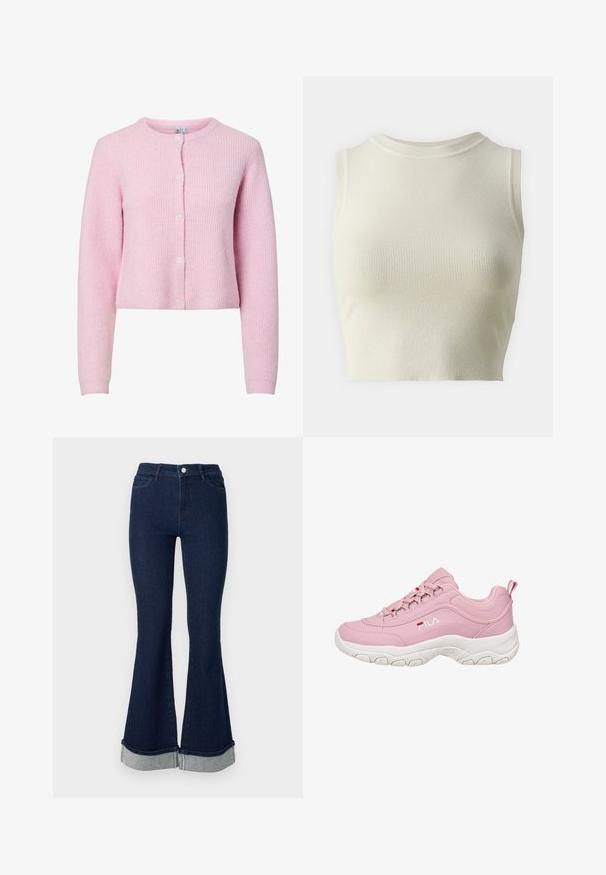 Rosa ribbet cardigan med rund halsudskæring, lange ærmer og fem-knaps lukning. Blød tekstur, cropped design og subtil glans.; Lys beige ribbet ærmeløs top med høj hals og tætsiddende design, der har en blød tekstur og et ensartet mønster gennem stoffet.; Mørkeblå flare jeans med høj talje, med en lyseblå foldet kant og fire lommer. Fremstillet af denim med en glat tekstur.; Rosa sneakers med en glat syntetisk overdel, hvid gummisål, snøre-design og FILA-logo på siden. Har en pull-tab ved hælen.