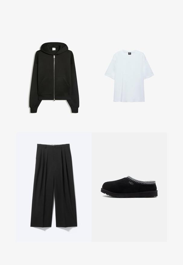Sweat à capuche noir zippé avec poches avant, manches longues et capuche, affiché sur fond blanc.; T-shirt blanc uni oversize à manches courtes avec col rond et étiquette noire à l'intérieur du col sur fond blanc.; Pantalon noir à jambes larges avec plis sur le devant, passants pour ceinture et fermeture à bouton, présenté sur un fond clair uni.; Sabots en suède noir avec un bout arrondi, dotés d'un col en maille et d'une semelle en caoutchouc texturée. Affiche le logo UGG sur le côté.