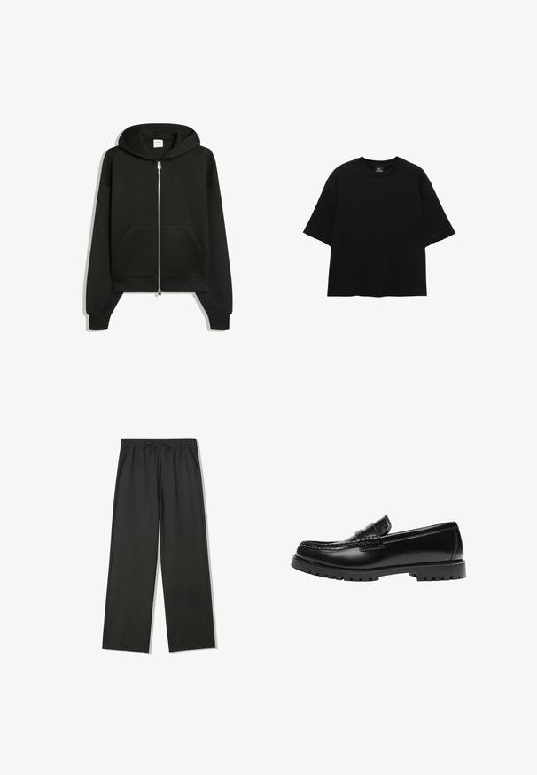 Zwarte hoodie met rits, voorzakken, lange mouwen en capuchon, weergegeven op een witte achtergrond.; Effen zwart oversized T-shirt met korte mouwen en ronde hals, plat liggend weergegeven op een witte achtergrond.; Zwarte broek met elastische taille, trekkoord en zijzakken, voorzien van een losse pasvorm en rechte pijpen.; Zwarte leren loafer met een dikke rubberen zool en klassieke penny-strap details, gezien vanaf de buitenkant.