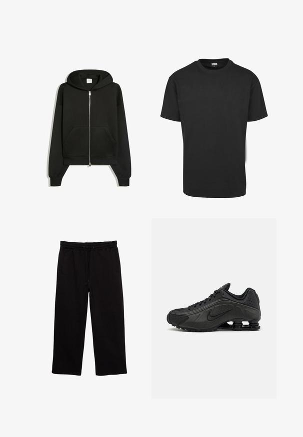 Sweat à capuche noir zippé avec poches avant, manches longues et capuche, affiché sur fond blanc.; T-shirt en coton noir à manches courtes, col rond et coupe standard. Le tissu semble lisse et sans décoration.; Pantalons de survêtement noirs en tissu doux, avec une taille élastique et un cordon de serrage, deux poches latérales et une coupe décontractée.; Baskets de course noires avec une tige en synthétique lisse, des accents perforés, des panneaux latéraux texturés et une semelle distincte et rebondissante.