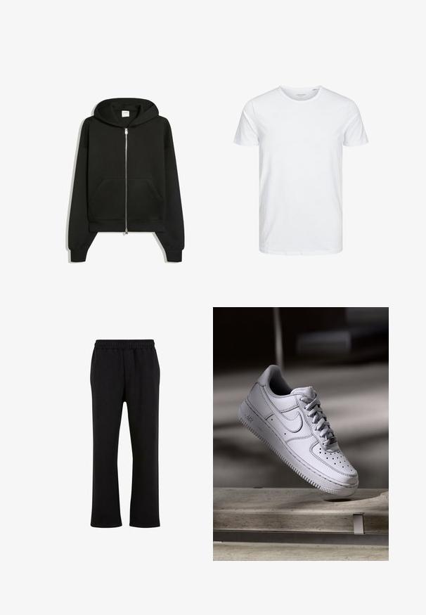 Zwarte hoodie met rits, voorzakken, lange mouwen en capuchon, weergegeven op een witte achtergrond.; Ronde hals kortemouwen t-shirt in effen wit, gemaakt van zachte katoen, heeft een eenvoudig ontwerp zonder zichtbare patronen of accenten.; Urban Classics Trainingsbroek - black; Witte Nike Air Force 1 sneaker van leer met geperforeerde neus, platte veters en een gestructureerde rubberen zool met "AIR"-logo aan de zijkant.