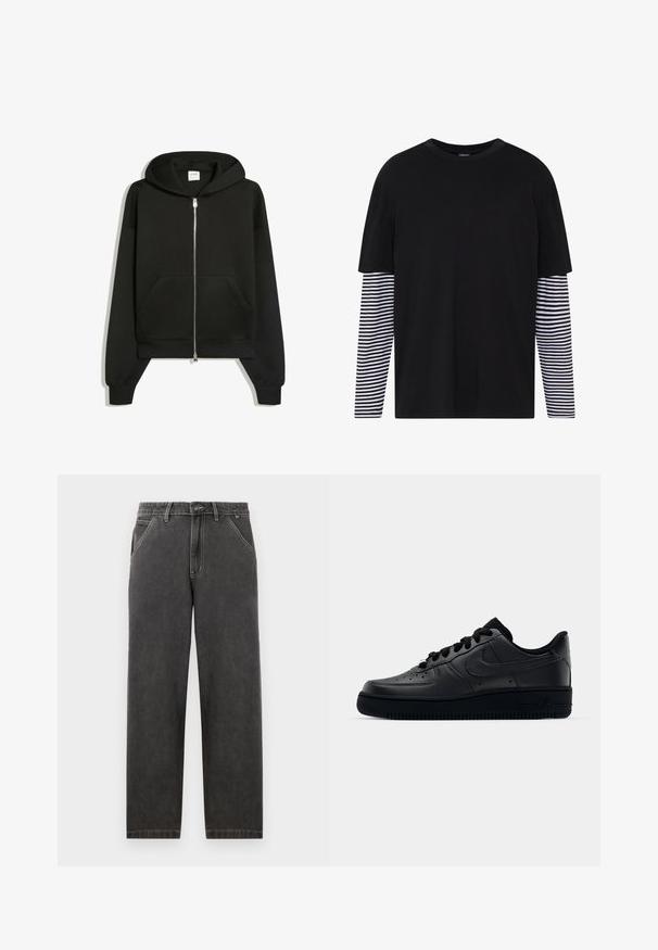 Schwarzer Kapuzenpullover mit Reißverschluss, Fronttaschen, langen Ärmeln und Kapuze, auf weißem Hintergrund dargestellt.; Schwarzes T-Shirt mit kurzen Ärmeln, einfarbiger Vorderseite und langen gestreiften Ärmeln in Schwarz und Weiß. Einfaches Rundhalsdesign, lässige Passform.; Dunkelgraue Denim-Hosen mit geradem Schnitt, mit kontrastierenden weißen Nähten, einem Knopfverschluss und seitlichen Taschen.; Schwarzer Nike Air Force 1 Schuh mit einem glatten Lederoberteil, perforierter Zehenpartie für Atmungsaktivität, schwarzen Schnürsenkeln und einer strukturierten Gummisohle.