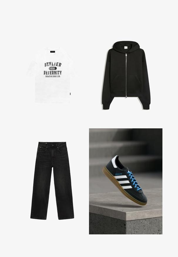 Sweat à capuche noir zippé avec poches avant, manches longues et capuche, affiché sur fond blanc.; T-shirt en coton blanc à manches courtes, arborant un texte noir déchiré : "ATELIER 2018 RETERNITY DIRECTEUR CRÉATIF." Coupe simple et décontractée.; Jean noir droit avec poches avant, passants de ceinture et fermeture à bouton, présenté à plat sur fond blanc.; Baskets Adidas noires avec des rayures blanches, des lacets bleus et une semelle en gomme flottant au-dessus d'une marche en béton grise sous une lumière douce.