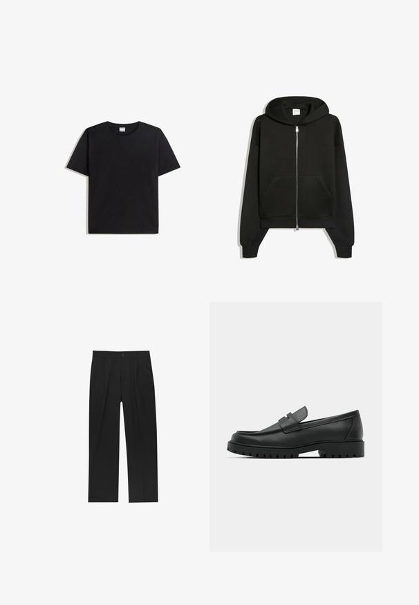 Sweat à capuche noir zippé avec poches avant, manches longues et capuche, affiché sur fond blanc.; T-shirt noir à col rond en coton avec manches courtes. Il offre une coupe décontractée, sans motifs ni accents, avec une texture lisse.; Pantalons noirs au design droit, fabriqués à partir d'un tissu lisse. Dotés de plis sur le devant et d'une fermeture à un bouton à la taille.; Mocassins en cuir noir à bout arrondi, avec un design cousu, une semelle plateforme basse et une semelle en caoutchouc texturée et crantée.