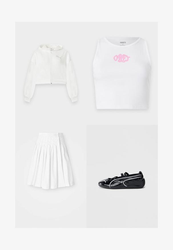 Witte cropped hoodie met rits, lange mouwen, capuchon en reflecterend Puma-logo op de linkerborst tegen een effen achtergrond.; Witte geribde cropped top met een roze "OBEY" logo in het midden. Ontworpen met een ronde halslijn en zonder mouwen.; Witte geplooide rok met een strakke tailleband, voorzien van een knoopsluiting aan de zijkant en een gladde, frisse textuur.; Zwart gepatineerd leren schoen met een lage profiel, voorzien van een ronde neus, zwarte elastische banden en witte accenten langs de zijkanten.