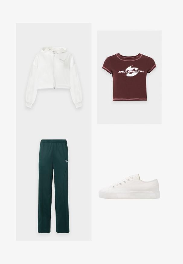 Witte cropped hoodie met rits, lange mouwen, capuchon en reflecterend Puma-logo op de linkerborst tegen een effen achtergrond.; Donkerrode cropped t-shirt met roze naden en een wit grafisch logo met de tekst "Billabong" over de borst.; Donkergroene sweatpants van zacht materiaal, met een elastische tailleband en zijnaadseams, en een klein logo op de voorkant.; Witte canvas sneaker met ronde neus, zes oogjes voor veters, structuur rubberen zool en subtiele stikdetails langs de zijkanten.