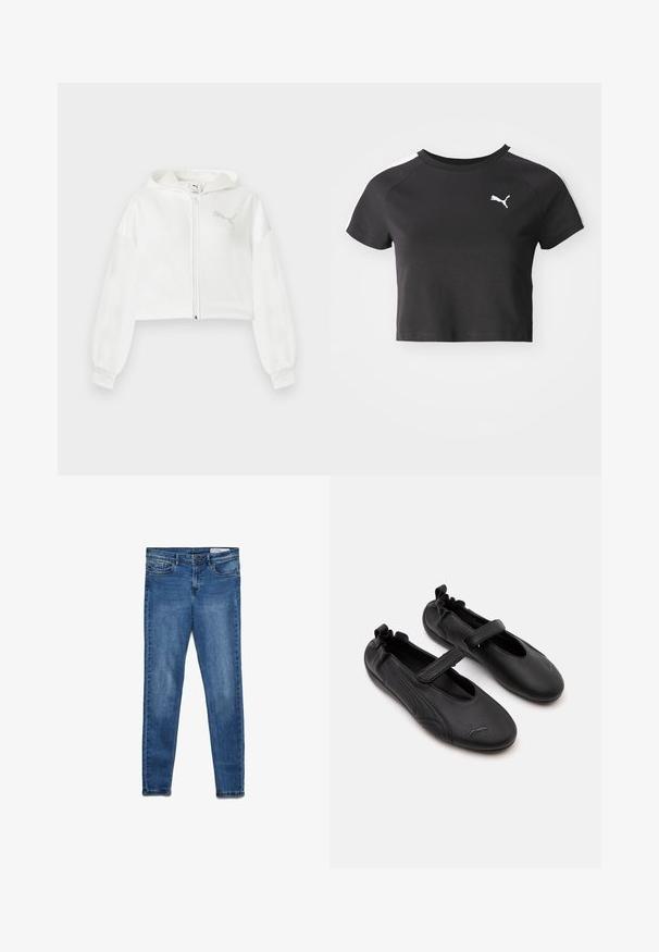 Hvid croppet hættetrøje med lynlås, lange ærmer, hætte og reflekterende Puma-logo på venstre bryst mod en ensfarvet baggrund.; Sort cropped t-shirt lavet af bomuld, med rund halsudskæring, korte raglanærmer og et hvidt Puma-logo på venstre bryst.; Mørkeblå denimjeans med en klassisk skinny pasform. Indeholder fem lommer, lynlås og diskret falmning for tekstur.; Par af sorte læder Mary Jane-stil sko med elastisk hælkappe og justerbar rem, med Puma-logo på tåområdet.