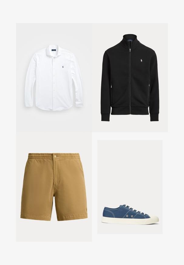 Zwarte jas met ritssluiting, opstaande kraag, twee ritssluitingzakken en een klein wit paardenlogo op de linkerborst.; Witte lange mouwen knoopshirt van katoen. Heeft een klassieke kraag, normale pasvorm en een klein marineblauw logo op de borst.; Herenshort in zandkleur met elastische tailleband en knoopsluiting, eenvoudig ontwerp, midden boven het dijbeen, gemaakt van gladde stof.; Blauwe canvas sneakers met witte rubberzolen, met een laag uitgesneden ontwerp, ronde neus en vijf oogjes voor veters. Witte stiksels accentueren.