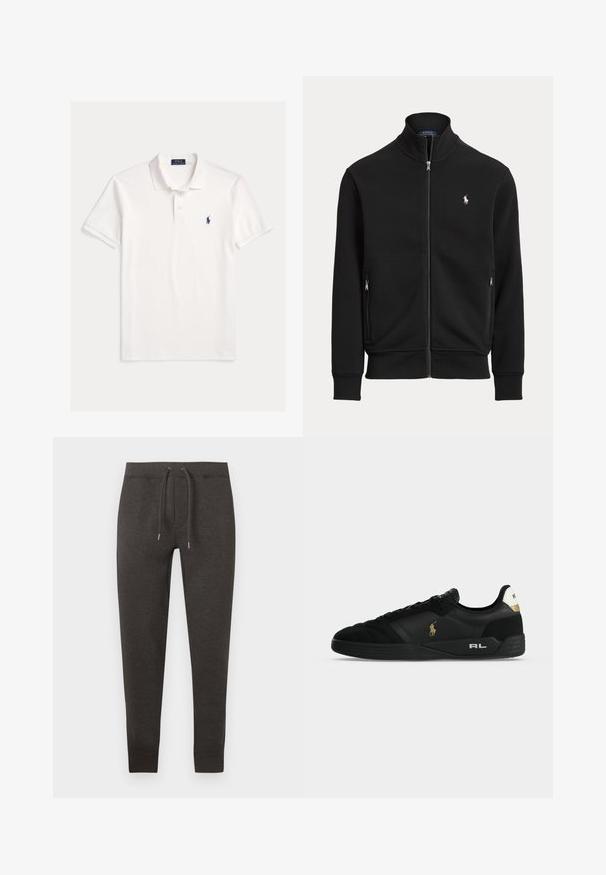 Chaqueta negra con cremallera, cuello alto, dos bolsillos con cremallera y pequeño logo de caballo blanco en el pecho izquierdo.; Camisa Polo Ralph Lauren blanca de manga corta con cuello, tapeta de dos botones y pequeño logo bordado de caballo azul marino en el pecho izquierdo.; Pantalones de chándal gris oscuro hechos de material suave, con cintura elástica con cordón, piernas ajustadas y puños en el tobillo.; Zapatilla deportiva negra de caña baja con logo Polo dorado en el lateral, lengüeta del talón blanca con texto Polo, y "RL" en blanco en la suela negra.