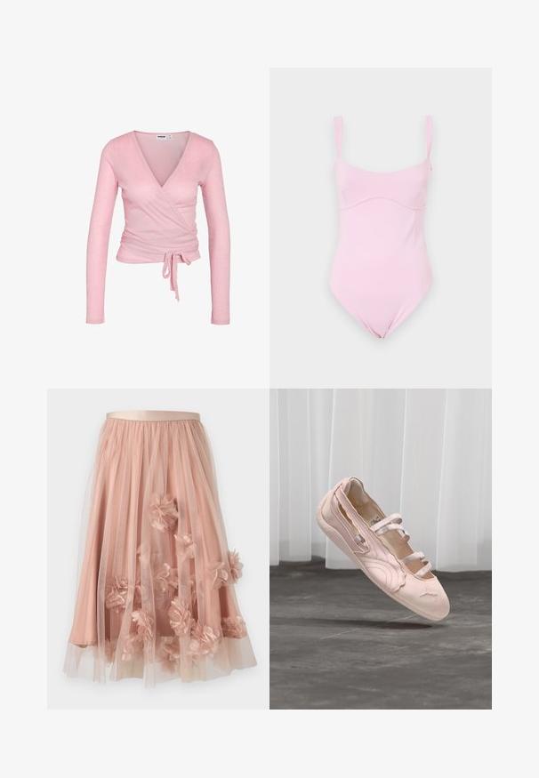Light pink long-sleeve ribbed knit wrap top with V-neck and waist tie bow, fitted silhouette, and soft fabric texture.; Good American TANK - Top - flora; Tulle skirt in soft pink with a satin waistband. Features layered sheer fabric and three-dimensional floral appliqués throughout.; Light pink ballet flat with three elastic straps, scalloped edge, and rubber sole, suspended above a concrete floor with white curtains in background.