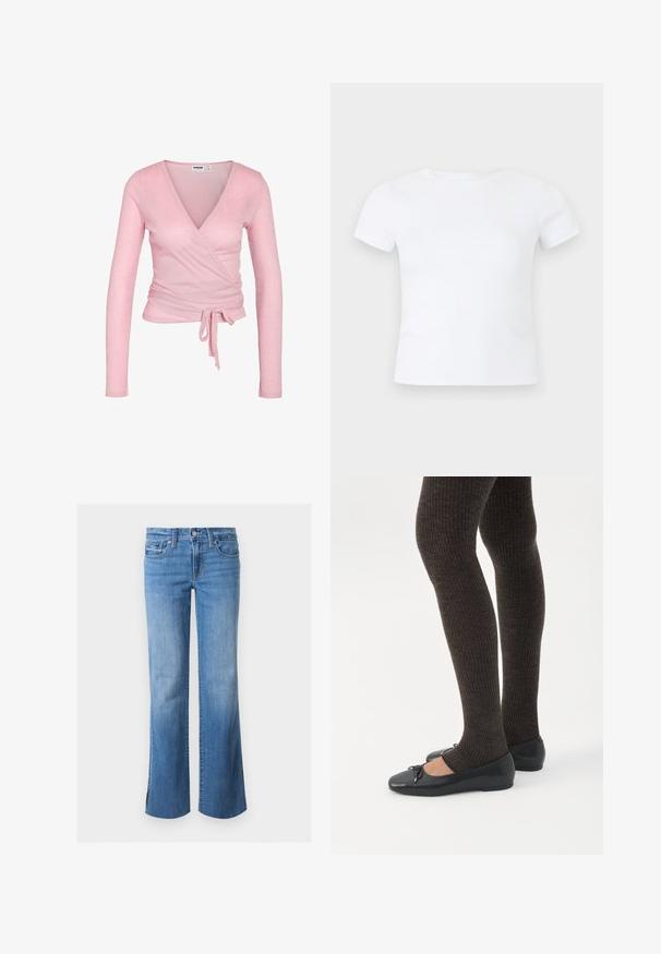Haut cache-cœur en tricot côtelé rose clair à manches longues avec col en V et nœud à la taille, silhouette ajustée et texture de tissu douce.; T-shirt blanc uni à manches courtes et col rond, présenté sur un fond gris clair neutre.; Jean en denim bleu avec une légère évasement, fermeture par boutons à l'avant et design à cinq poches, présenté sur un fond blanc uni.; Jambes portant des leggings côtelés foncés associés à des ballerines noires avec de petits détails en nœud sur fond blanc.