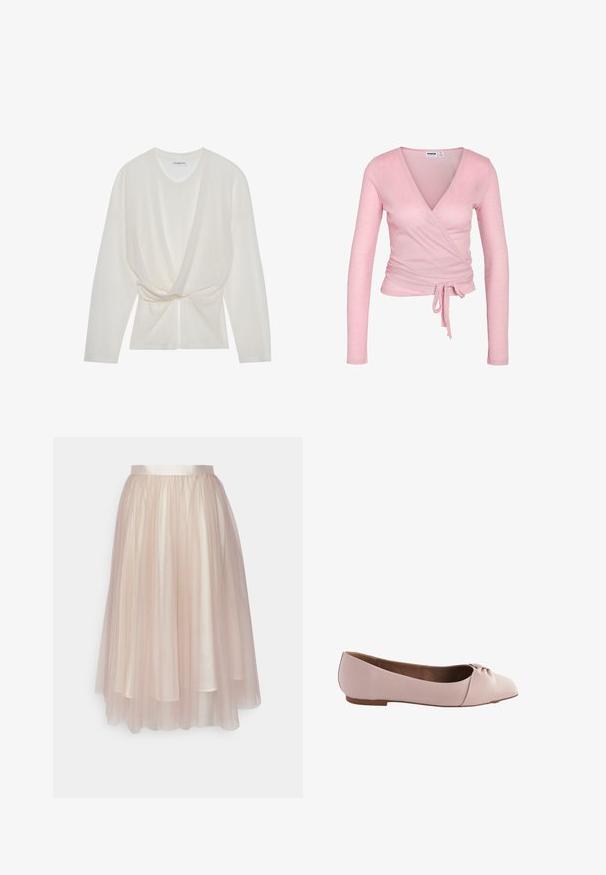 Top cruzado de punto acanalado de manga larga en rosa claro con escote en V y lazo ajustable en la cintura, silueta ajustada y textura de tela suave.; Top de punto blanco con escote en V, mangas largas y un diseño frontal retorcido. La tela presenta una fina textura de canalé.; Ida Sjöstedt FLAWLESS SKIRT - Falda acampanada - warm beige; Zapato de ballet en color rosa claro, hecho de un material suave, con punta redonda y un pequeño detalle en forma de nudo en la parte superior. Suela plana.
